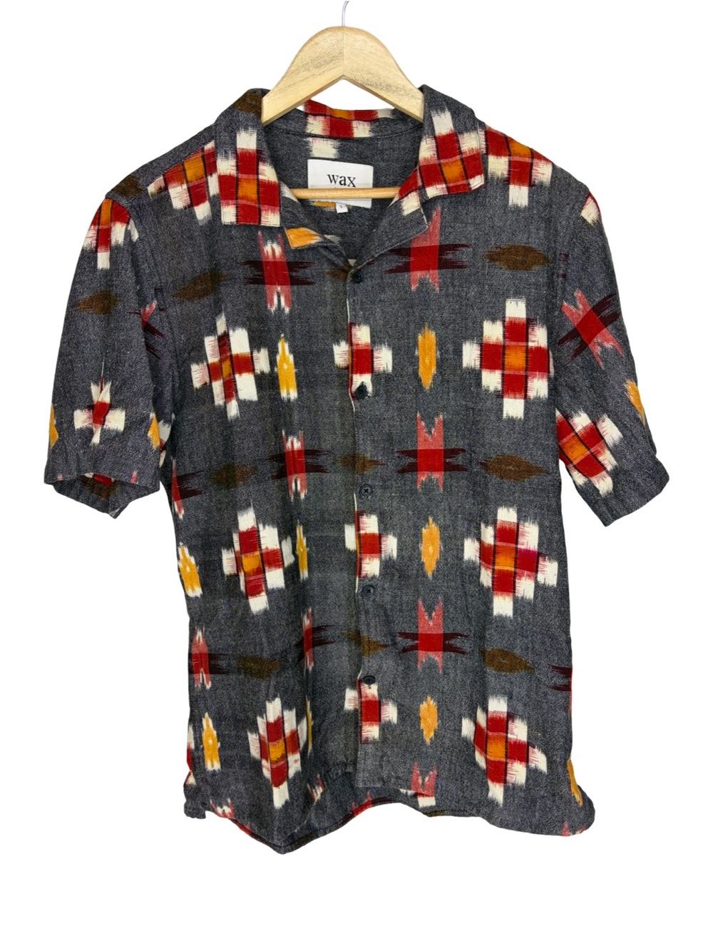 Wax London mens short sleeve print cotton shirt Aztec grey print small